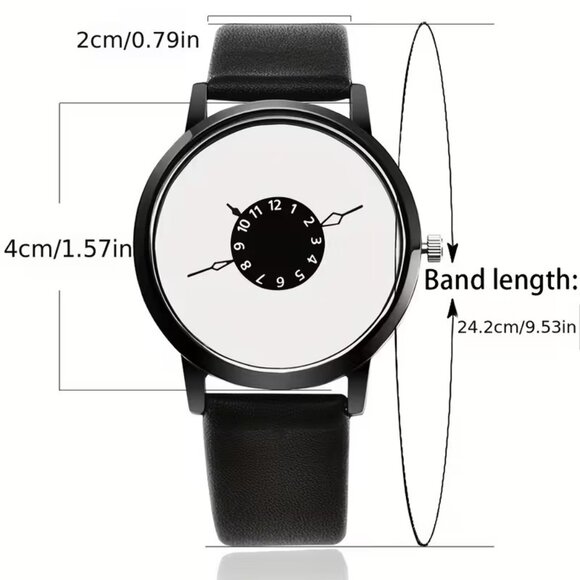 Minimalist Unique Dial Watch Unisex Analog Quartz with Black Faux Leather Band - Picture 4 of 4